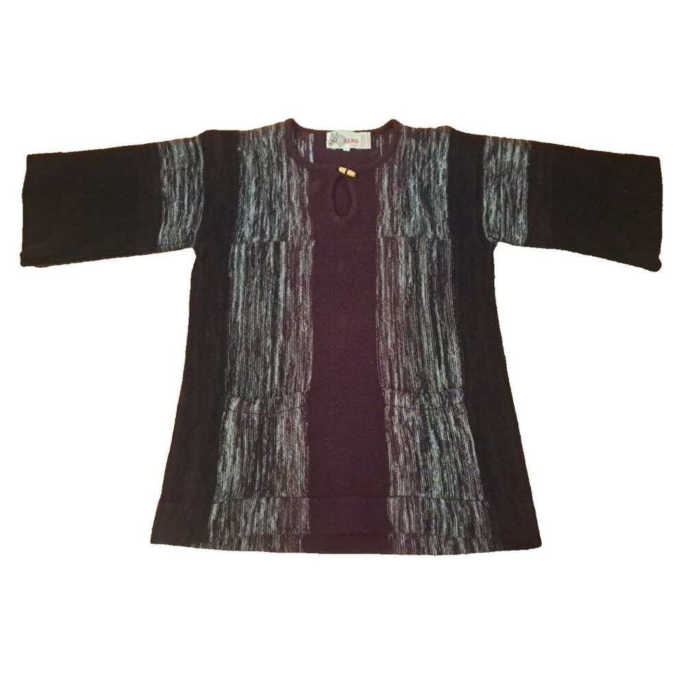 Womens Vintage Kickers Tunic Sweater Bell Sleeves Purple White Stripes Pockets L